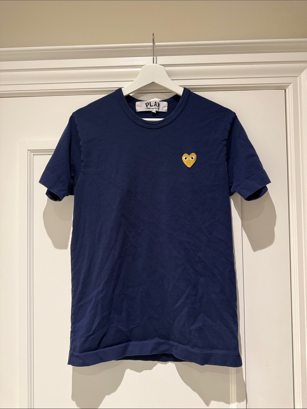 Comme des Garcons PLAY Navy Short Sleeve T-Shirt with Yellow Heart Patch